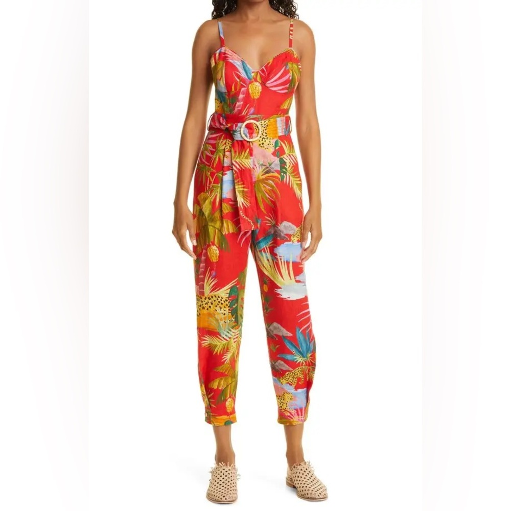 FARM Rio Red Tropical Jungle Belted Linen Romper Jumpsuit